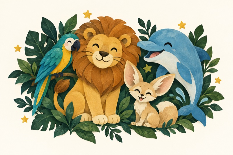 A friendly lion, parrot, dolphin and desert fox